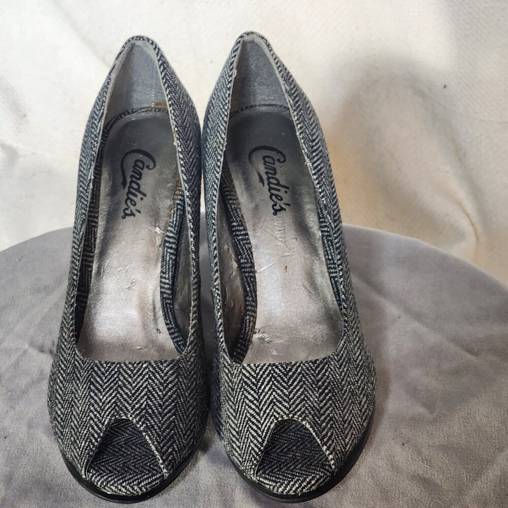 Candie's Grey Black Tweed SeeMe 3" Peep Toe Non Slick Sole Dress Pumps Size 7M - Picture 4 of 16